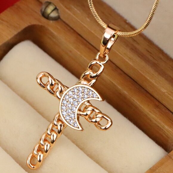 "Rose Gold Chain Cross Pendant with CZ Crescent Accent, XPPT1263 - Picture 1 of 13